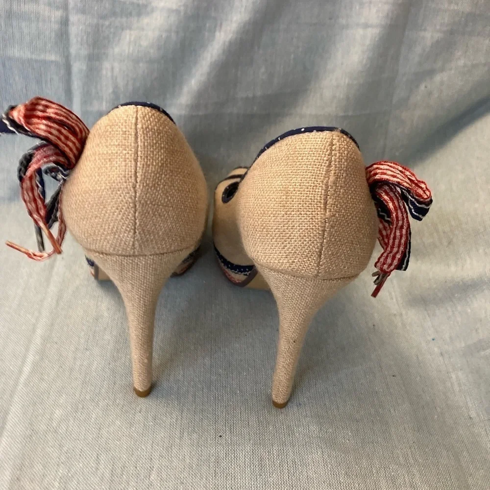 Not Rated Linen Red White and Blue Peep Toe Heels- Size 7.5